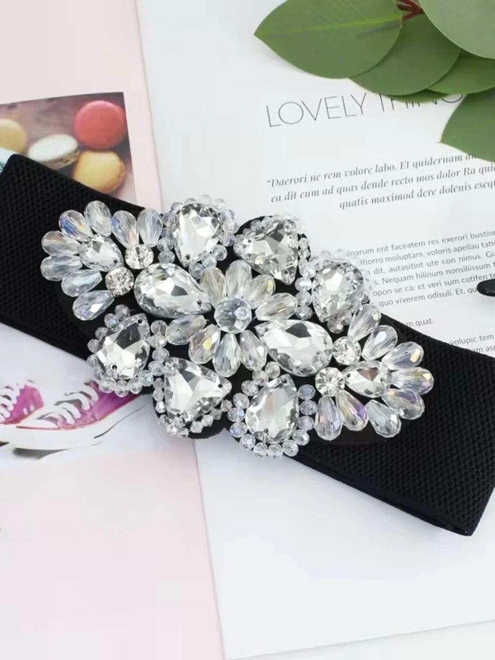 Crystal Floral Stretch Belt - Black